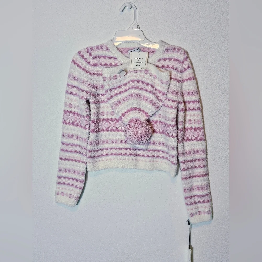cupcakes & cashmere Kids Lavender Pink and White Sweater & Hat Size L 10/12